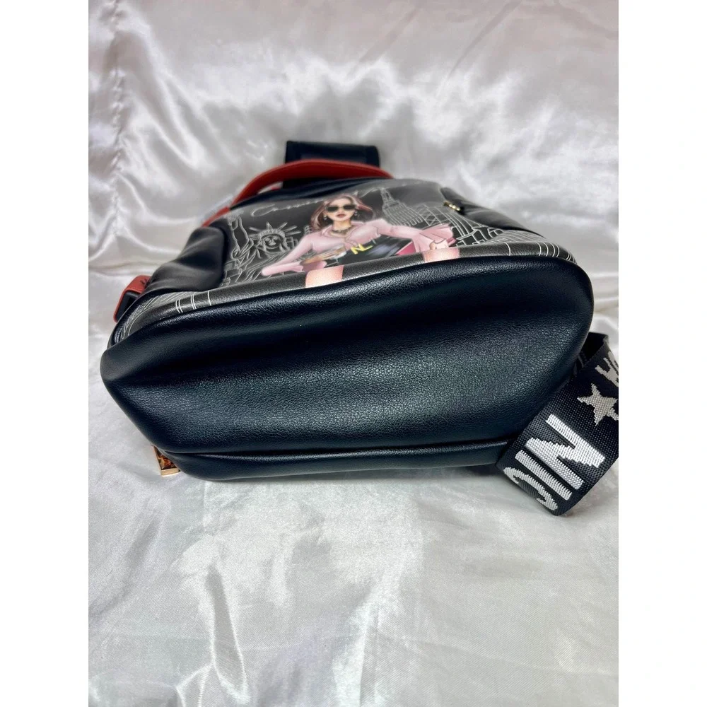 Nicole Lee Career Woman Sling Backpack Black Red Graphic USB Port